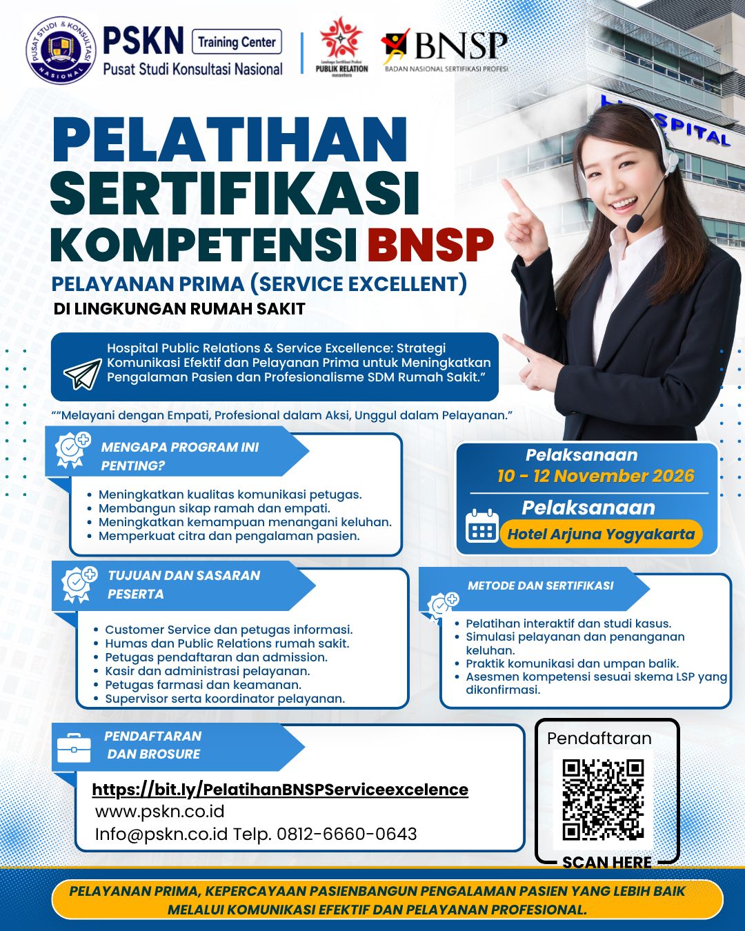 Pelatihan dan Sertifikasi Kompetensi BNSP Hospital Service Excellence 2026: Klaster Pelayanan Prima untuk SDM Rumah Sakit